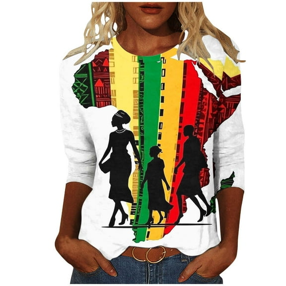 ibuvkizy Black History Month Shirts for Women 3/4 Length Sleeve Tops,Ladies' Black Month Fashion Printed Round Neck 3/4 Sleeve T-shirt Loose Top,XL