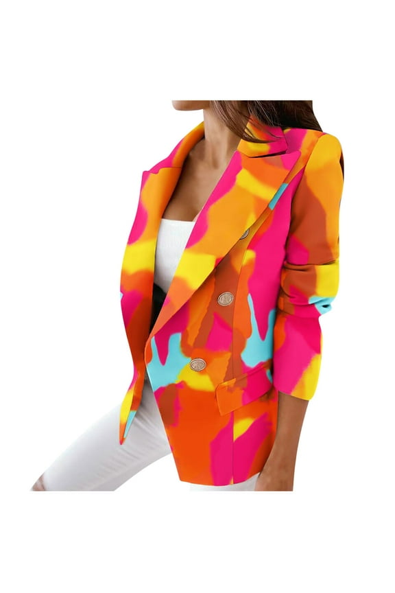 Blazers for Women Clearance Summer Jacket for Women Fashion Casual Long Sleeve Business Attire Plaid Printed Coat Loose Slim Suit Jacket Outerwear Tops
