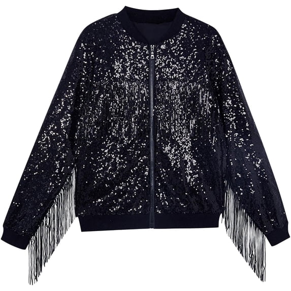 ibuvkizy Boys Girls Winter Coat,3-10 Year Children's Fashion Solid Color Tassel Sequin Zipper Long Sleeved Hooded Casual Jacket Black,7 Years