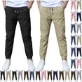 thumbnail image 1 of ibuvkizy Boys Jogger Pants Linen School Uniform Elastic Waist Drawstring Trousers Solid Color Kids Chino Pants 2PC Casual Loose Twill Summer Boys Pants with Pockets, 1 of 9
