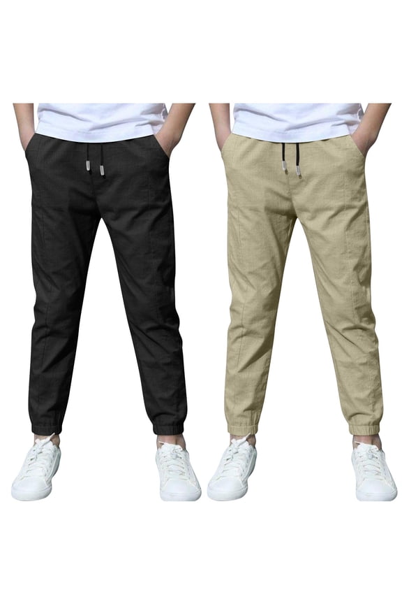 Boys Jogger Pants Linen School Uniform Elastic Waist Drawstring Trousers Solid Color Kids Chino Pants 2PC Casual Loose Twill Summer Boys Pants with Pockets