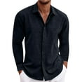 thumbnail image 1 of ibuvkizy Button Down Linen Shirts for Men Casual Long Sleeve Regular Fits Beach Shirts Men's Fashion Loose Solid Color Turndown Collar Blouse Shirt Black L, 1 of 5