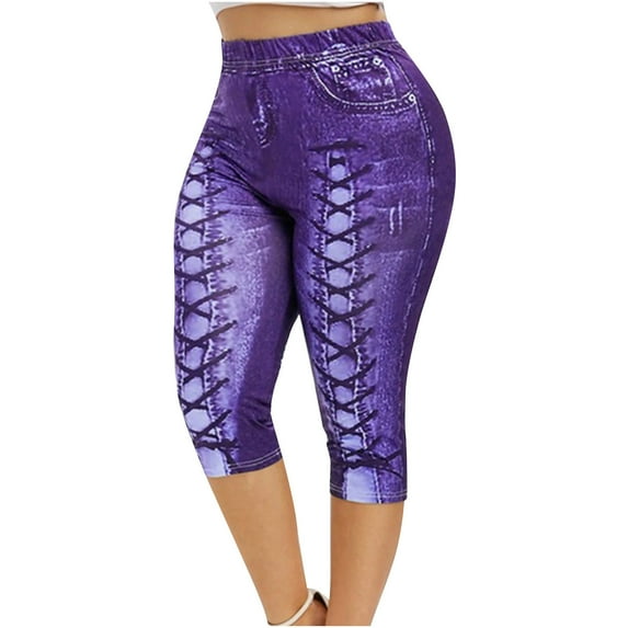ibuvkizy Capri Leggings for Women Sexy and Gentle Large Digital Printed Denim Sports Leggings Yoga Pants Purple,S