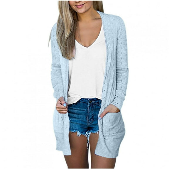 ibuvkizy Cardigan Sweaters for Women,Casual Knit Long Cardigans Women's Solid Color Long Sleeve Casual Tops Blouse with Pocket Cardigan Outwear Light Blue,S
