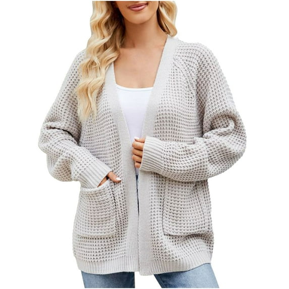 ibuvkizy Cardigan Sweaters for Women Clearance!Fashion Casual Open Front Long Sleeve Sweaters Pockets Women's New Mid Length Slouchy Knitted Sweater Cardigan Gray,L