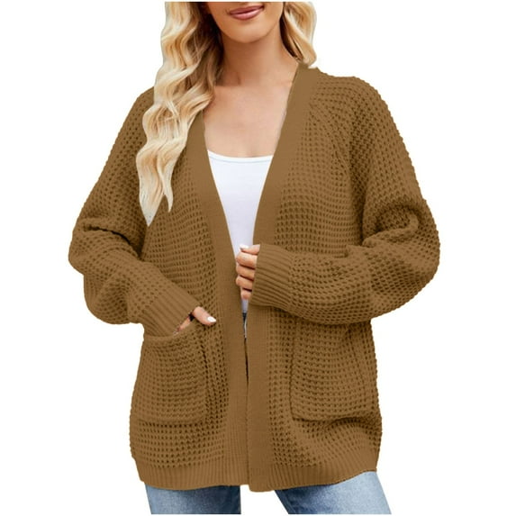 ibuvkizy Cardigan Sweaters for Women,Fashion Casual Open Front Long Sleeve Sweaters Pockets Women's New Mid Length Slouchy Knitted Sweater Cardigan Brown,XXL