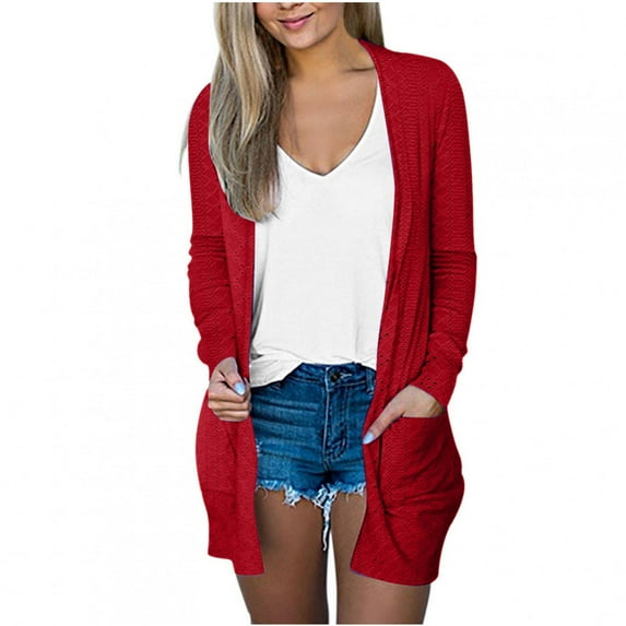 ibuvkizy Cardigan Sweaters for Women Clearance!Womens Casual Knit Long Cardigans Women's Solid Color Long Sleeve Casual Tops Blouse with Pocket Cardigan Outwear Red,L