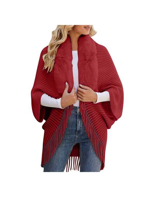 Cardigan Sweaters for Women,Casual Long Sleeve Knit Cardigans Women's Knitted Cape Coat with Collar Fringe Shawl Red,Free Size