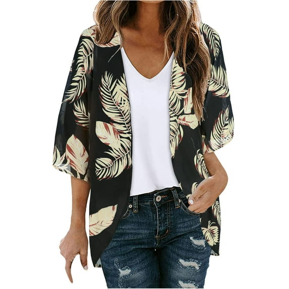 ibuvkizy Cardigan for Women Summer Floral Print Puff Sleeve Cardigan Tops Loose Cover Up Casual Blouse Jacket Coat Black