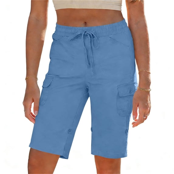 ibuvkizy Cargo Shorts for Women Knee Length Elastic Waist Drawstring Pull on Solid Color Summer Bermuda Shorts with Pockets
