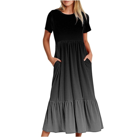 ibuvkizy Casual Dress for Women 2025,Summer Fashion Maxi Tiered Dress Crewneck Solid Color Short Sleeve Comfortable Loose Long Dress with Pockets Beach Sundresses Gray,Sizes S-2XL