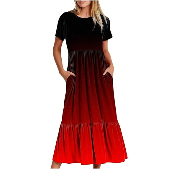 ibuvkizy Casual Dress for Women 2025,Summer Fashion Maxi Tiered Dress Crewneck Solid Color Short Sleeve Comfortable Loose Long Dress with Pockets Beach Sundresses Red,Sizes S-2XL
