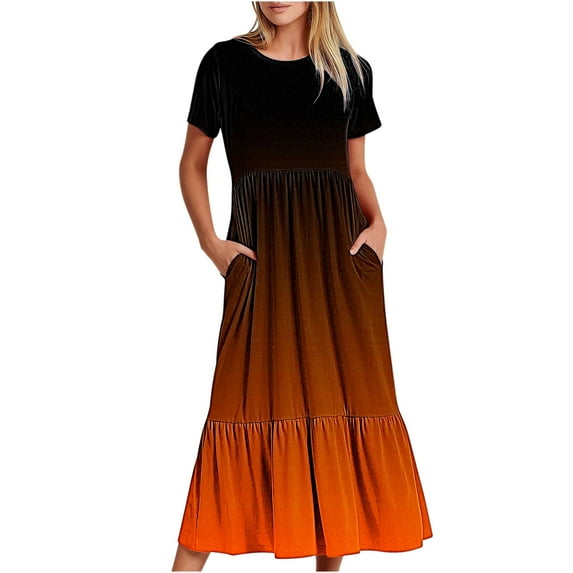 ibuvkizy Casual Dress for Women 2025,Summer Fashion Maxi Tiered Dress Crewneck Solid Color Short Sleeve Comfortable Loose Long Dress with Pockets Beach Sundresses Orange,Sizes S-2XL