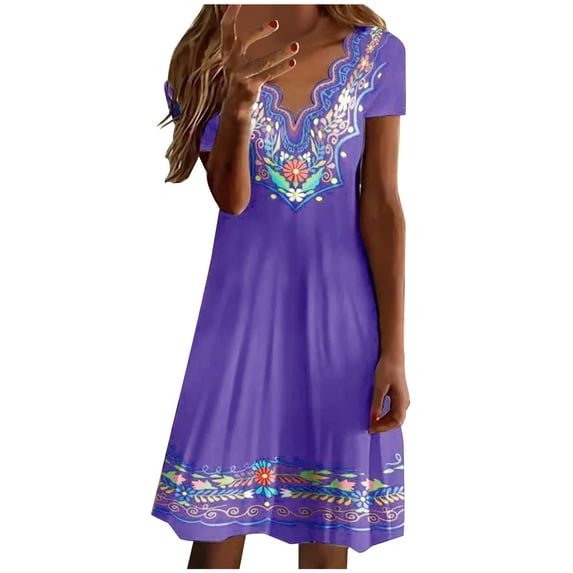 ibuvkizy Casual Dress for Women Plus Size Fashion Women Summer Dress,Solid Color V Neck Short Sleeve Casual Printed Loose Mini Dress,Gifts for Women