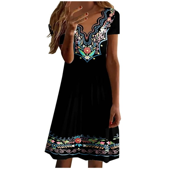 ibuvkizy Casual Dress for Women,Plus Size Fashion Women Summer Dress,Solid Color V Neck Short Sleeve Casual Printed Loose Mini Dress,Gifts for Women