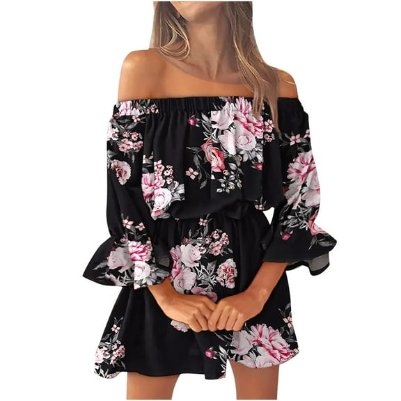 ibuvkizy Casual Dress for Women Fashion Summer Dress,Solid Color Off Shoulder Bell Sleeve Casual Printed Loose Dress,Gifts for Women