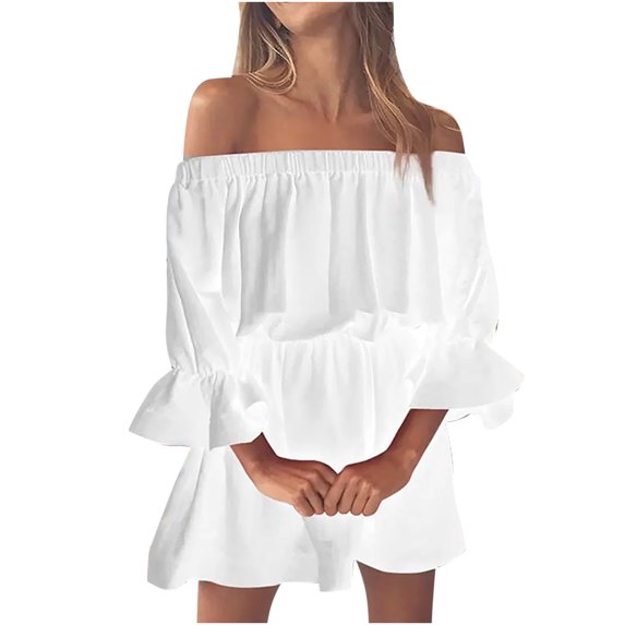 ibuvkizy Casual Dress for Women Clearance,Fashion Summer Dress,Solid Color Off Shoulder Bell Sleeve Casual Printed Loose Dress,Gifts for Women