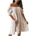 thumbnail image 1 of ibuvkizy Casual Dress for Women Fashion Summer Dress,Solid Color Off Shoulder Short Sleeve Casual Printed Loose Dress,Gifts for Women, 1 of 7