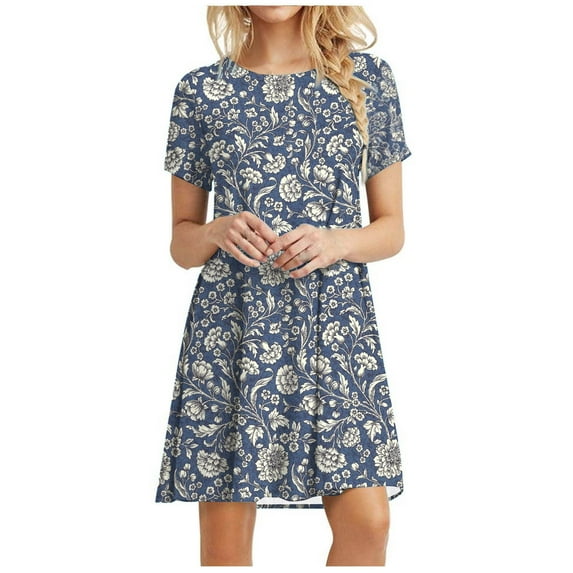 ibuvkizy Casual Dress for Women Plus Size Fashion Summer Dress,Solid Color Round Neck Short Sleeve Floral Print Loose Dress,Gifts for Women