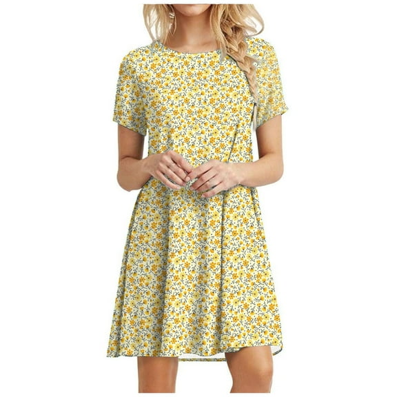 ibuvkizy Casual Dress for Women Plus Size Fashion Summer Dress,Solid Color Round Neck Short Sleeve Floral Print Loose Dress,Gifts for Women