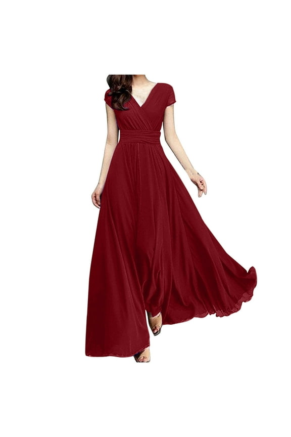 Casual Dress for Women Summer Dress,Solid Color V Neck Short Sleeve Chiffon Waist Closing Evening Loose Dress,Gifts for Women