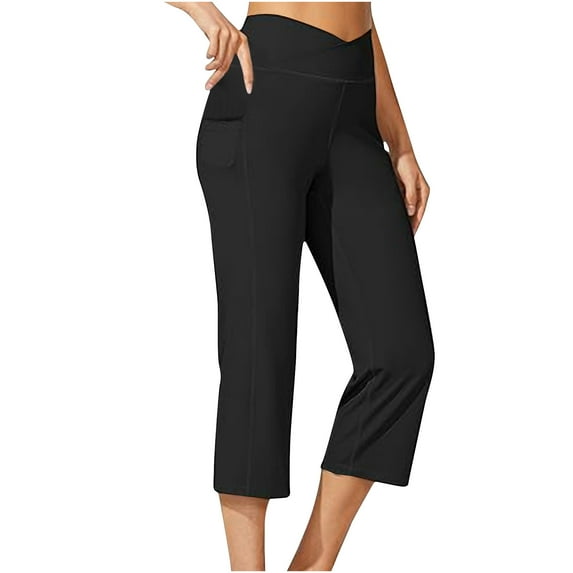 ibuvkizy Clearance 2024 Capri Pants for Women Casual Summer Wide Leg Crop Pants Loose Comfy Drawstring High Waist Yoga Jogger Capri Pants with Pockets