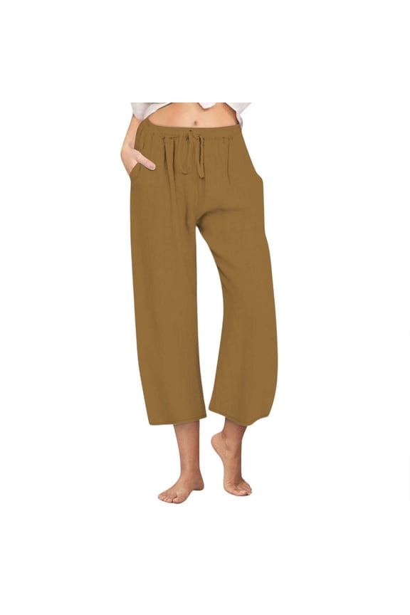 Clearance 2024 Capris for Women Casual Summer Fashion Lightweight Cotton Linen Pants Drawstring Elastic Waist Wide Leg Capri Pant with Pockets Plus Size Activewear