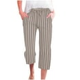 thumbnail image 1 of ibuvkizy 2025 Cotton Linen Capris Pants for Women Casual Stripe Elastic Drawstring Wide Leg Capris Pants with Pockets Summer Pants for Women, 1 of 7