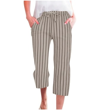 ibuvkizy Clearance 2024 Cotton Linen Capris Pants for Women Casual Stripe Elastic Drawstring Wide Leg Capris Pants with Pockets Summer Pants for Women