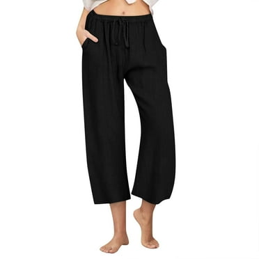 ibuvkizy Clearance 2024 Cotton Linen Capris Pants for Women Casual Stripe Elastic Drawstring Wide Leg Capris Pants with Pockets Summer Pants for Women