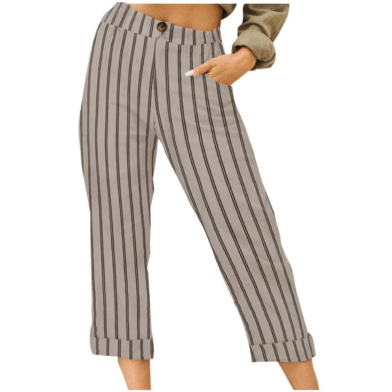 ibuvkizy 2025 Cotton Linen Capris Pants for Women Casual Stripe Elastic Drawstring Wide Leg Capris Pants with Pockets Summer Pants for Women