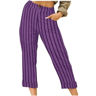 ibuvkizy Clearance 2024 Cotton Linen Capris Pants for Women Casual Stripe Elastic Drawstring Wide Leg Capris Pants with Pockets Summer Pants for Women