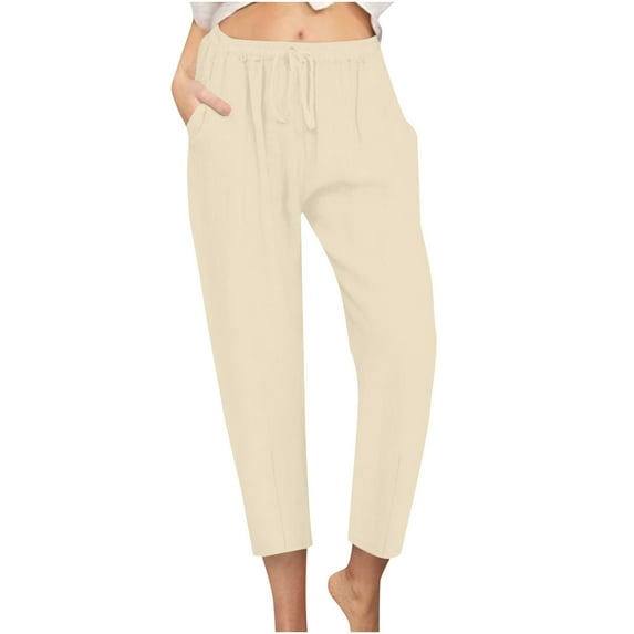 ibuvkizy Clearance 2024 Cotton Linen Pants for Women Summer Drawstring High Waisted Palazzo Pants Casual Tapered Yoga Pants with Pockets Women's Casual Beach Trousers