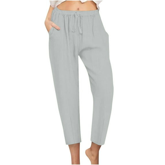 ibuvkizy Clearance 2024 Cotton Linen Pants for Women Summer Drawstring High Waisted Palazzo Pants Casual Tapered Yoga Pants with Pockets Women's Casual Beach Trousers
