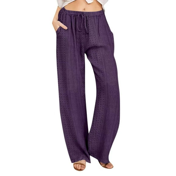 ibuvkizy 2025 Cotton Linen Pants for Women Summer Drawstring High Waisted Palazzo Pants Casual Wide Leg Yoga Pants with Pockets Women's Casual Cargo Pants