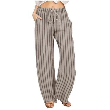 ibuvkizy Linen Pants Women Comfy Flowy Stripe Drawstring Wide Leg Pants Trousers Summer High Waisted Beach Palazzo Pants with Pockets Women's Casual Cargo Pants
