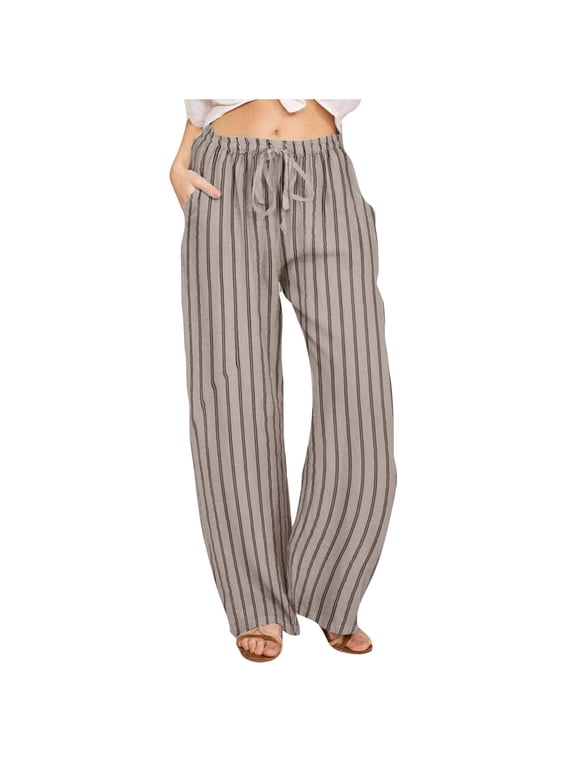 Linen Pants Women Comfy Flowy Stripe Drawstring Wide Leg Pants Trousers Summer High Waisted Beach Palazzo Pants with Pockets Women's Casual Cargo Pants