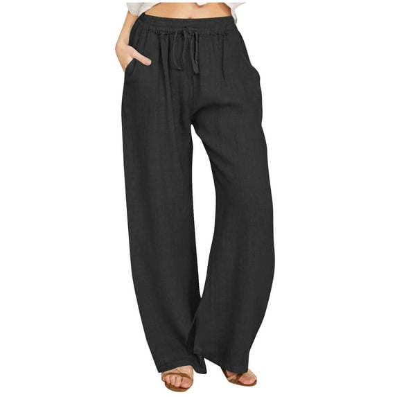 ibuvkizy Women's Summer Drawstring Waist Wide Leg Loose Cotton Linen Palazzo Pants with Pockets Womens Casual Cargo Pants