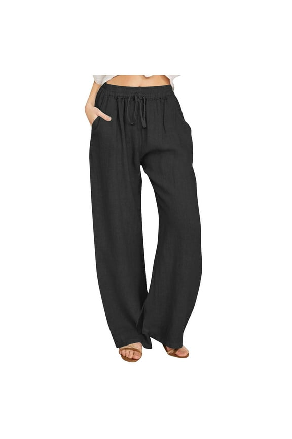 Women's Summer Drawstring Waist Wide Leg Loose Cotton Linen Palazzo Pants with Pockets Womens Casual Cargo Pants