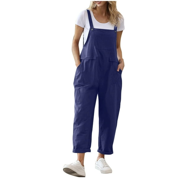 ibuvkizy Women Casual Solid Pocket Romper Long Playsuit Spaghetti Strap Jumpsuits Black Jumper for Women Cotton Linen Loose Jumpsuit Dark Blue,S