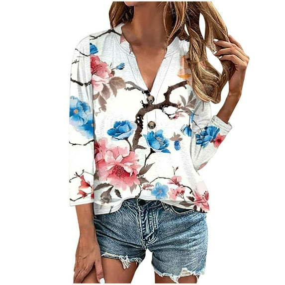 ibuvkizy Women's 2025 Fashion Button Shirts Summer Loose 3/4 Sleeve Tops Cute Print V-Neck Casual Blouses Button Up Shirts for Women,Sizes S-4XL