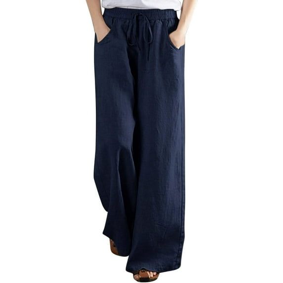 ibuvkizy Clearance Women's Cotton Linen Fall Palazzo Pants Drawstring Elastic Waist Casual Wide Leg Beach Trousers with Pockets Dark Blue,XL