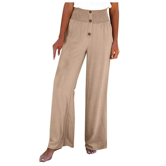 ibuvkizy Women's Smocked Paper Waist Pants Solid Color Loose Fit Straight Wide Leg Cotton Linen Palazzo Pants Button Down Work Office Trousers Khaki,XL