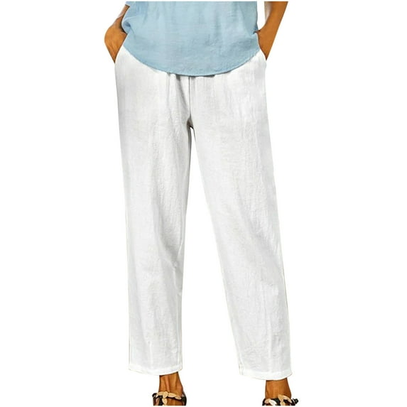 ibuvkizy Clearance Womens Casual Cotton Linen Pants Fall Winter Trousers 2024 Drawstring Elastic Wasit Cropped Leg Pants Solid Wide Leg Lounge Pants White,L
