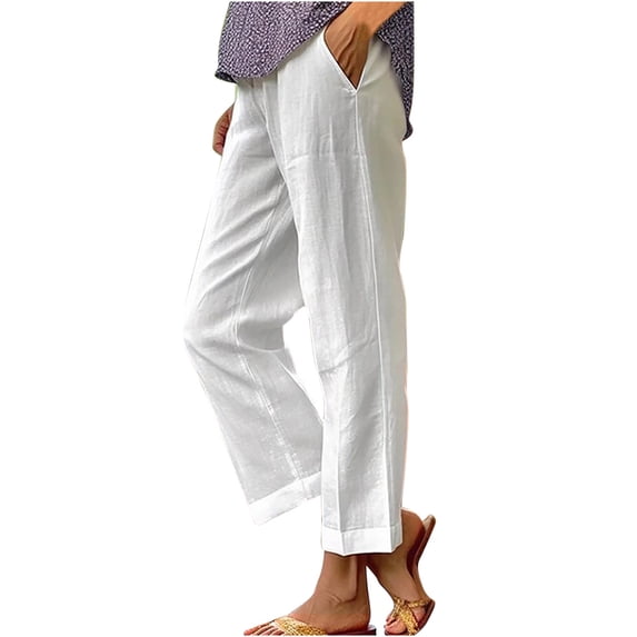 ibuvkizy Womens Casual Cotton Linen Pants Fall Winter Trousers 2025 Drawstring Elastic Wasit Cropped Leg Pants Solid Wide Leg Lounge Pants White,L