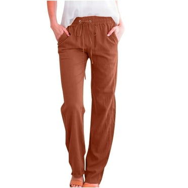 ibuvkizy Clearance Womens Casual Cotton Linen Pants Fall Winter Trousers 2024 Drawstring Elastic Wasit Cropped Leg Pants Solid Wide Leg Lounge Pants Coffee,L
