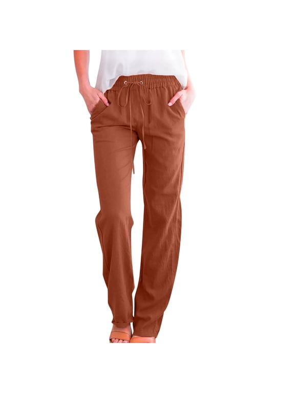 Womens Casual Cotton Linen Pants Fall Winter Trousers Drawstring Elastic Wasit Cropped Leg Pants Solid Wide Leg Lounge Pants Coffee,L