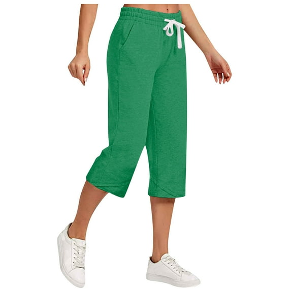 ibuvkizy Cotton Linen Capri Pants for Women Elastic Waist Drawstring Wide Leg Pants Large Color Casual Versatile Loose Cropped Pants Green,M