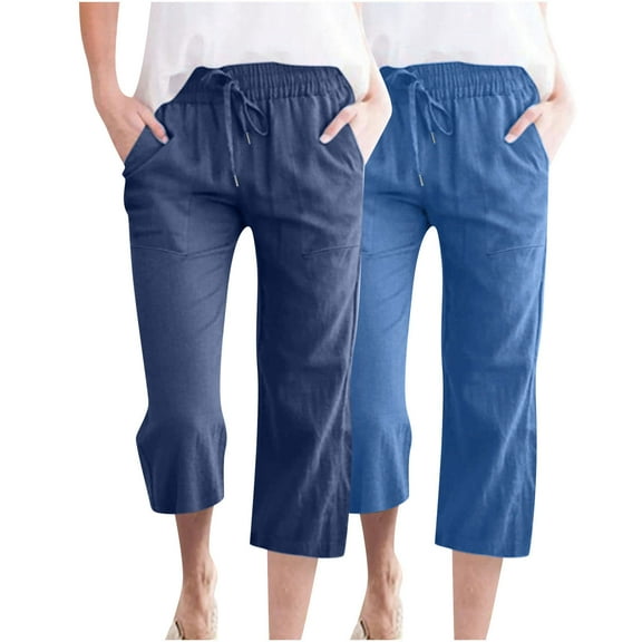 ibuvkizy Cotton Linen Capris Pants for Women Casual Solid with Pockets,2PC Fashion Womens Casual Solid Color Elastic Loose Pants Straight Wide Leg Trousers with Pocket