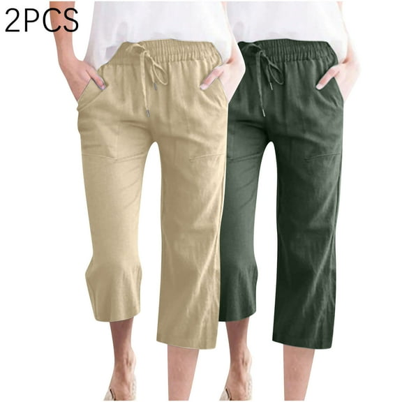 ibuvkizy Cotton Linen Capris Pants for Women Wide Leg Pants Woman,2PC Fashion Womens Casual Solid Color Elastic Loose Pants Straight Wide Leg Trousers with Pocket